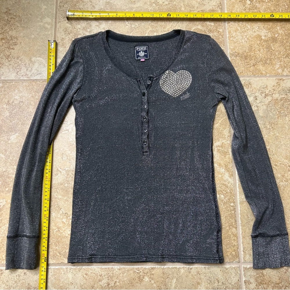 PINK Victoria's Secret Rhinestone Heart Black Silver Shimmer Long Sleeve